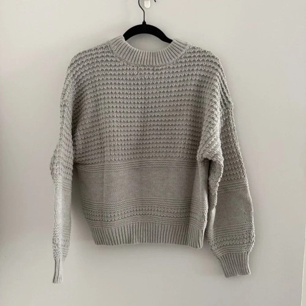 Gray Waffle Chunky Knit Raglan Crewneck Sweater L Casual Cabincore Cozy Outdoor‎